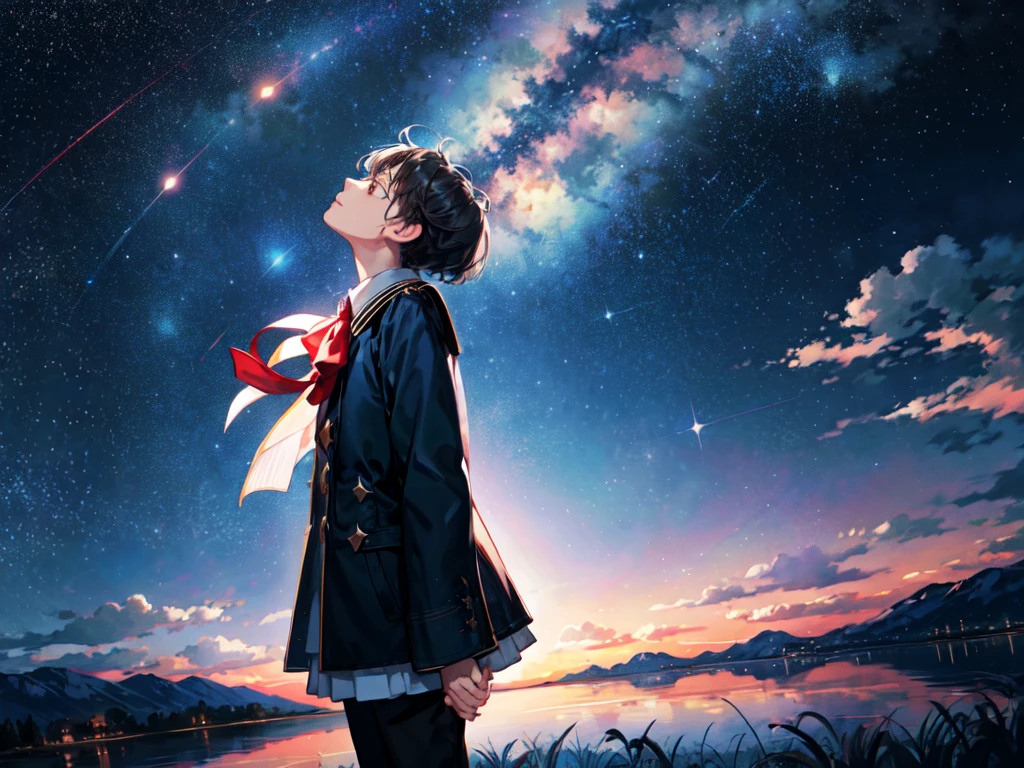 Under the starry sky, you stand, surrounded by beautiful shining stars. Looking up at the sky, you seem to be contemplating something. Your expression is quiet and calm, as you face yourself under the starry sky, Hands reaching for the sky,Stand with your back turned, Color tones: Red, Black