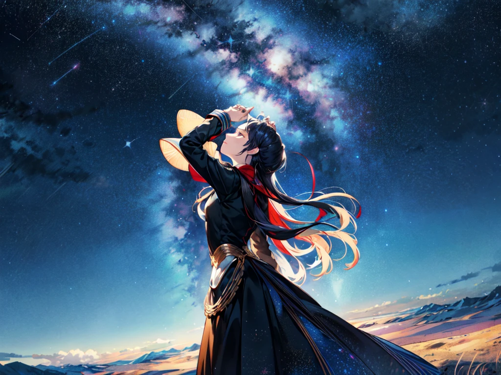 Under the starry sky, you stand, surrounded by beautiful shining stars. Looking up at the sky, you seem to be contemplating something. Your expression is quiet and calm, as you face yourself under the starry sky, Hands reaching for the sky,Stand with your back turned, Color tones: Red, Black