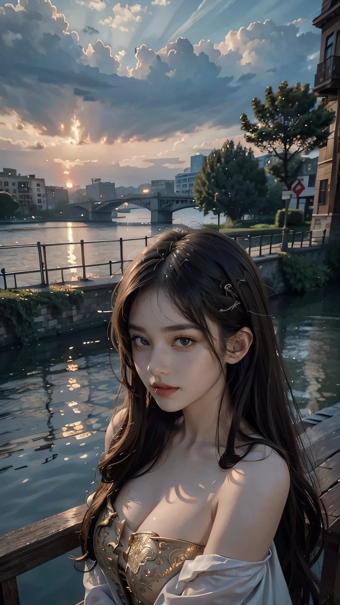 best quality, masterpiece, photo realistic, intricate details, raw photo, photon rendering, octane render, absurdres, ultra detailed, detailed face, detailed skin, trending on artstation,8k masterpiece,cinematic lighting, scenery, scenery, no humans, cityscape, sky, city, cloud, outdoors, building, sunset, city lights, bridge, river, tree, roadn, artist name,