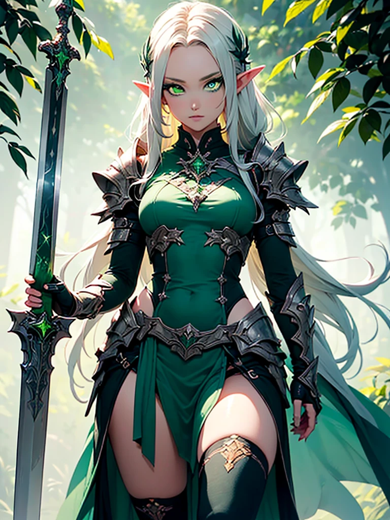 (((Masterpiece, best quality, high detailed, 8k))) Design a layout showcase Gaming character, (1girl). Long silver hair, green eyes, wearing a long flowing jade dress with high side slit, showing midriff, wielding a massive greatsword, sexy. (masterpiece:1.2), (best quality), ultra-detailed. (Step by step design, layout art:1.5), (luminous lighting, atmospheric lighting). Elf royalty. ((glove full hands)), intricate vambraces, thigh highs, thick thighs, (((full_body_shot:1.4))). The elf stands gracefully amidst dark, dense, ancient, towering trees, their leaves shimmering with a magical glow. The bikini armor, a blend of sleek metal and glowing energy lines, contrasts beautifully with the natural surroundings. Her long silver hair flows softly around her, framing her elegant face with piercing green eyes that radiate wisdom and strength. Massive greatsword she holds is pulsing with an ethereal green light.(hoang lap,A high resolution,hyper detailled),Black Soul theme, leather,Off-white,ranger,Background of details,Northern Valley,Irithyll,Cold moon,Rule of thirds,boundage,Diablo 4 style,intricate-detail,Diablo color theme,(offcial art,Beauty and aesthetics:1.2),(Dark art,erode, fractal art:1.3),rich colourful,horryfing,highest details, (green eyes: 2), white hair with blue tips, blue colored inner hair, long hair, solo, 1girl, slim, small breasts, green flames