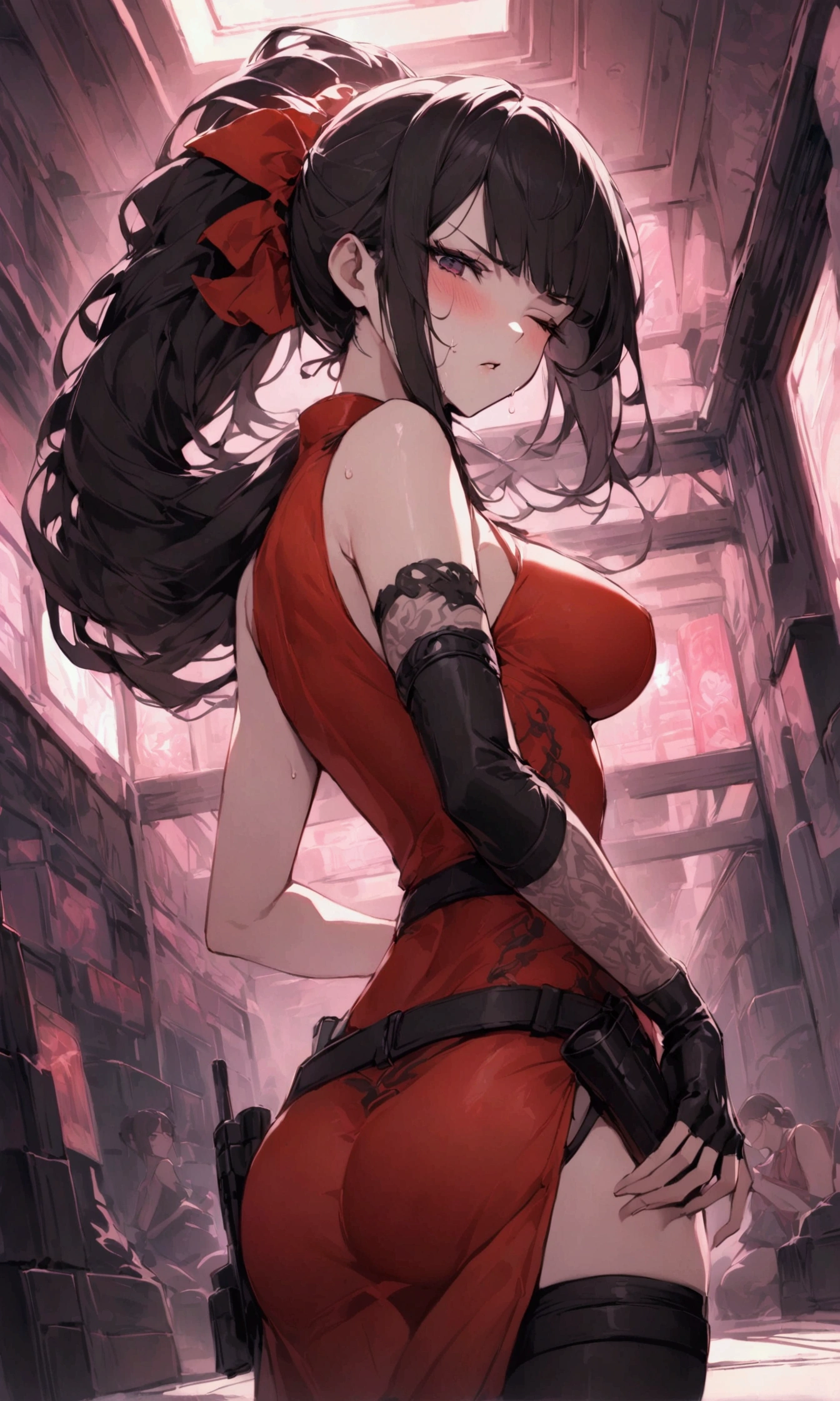 Dynamic composition,dutch angle,from side,{{masterpiece}}, {{{Highest quality}}},{{Very detailed}},{{Fight}},{{fighting stance:1.6}},{{critical situation:1.6}},{{hold down one's stomach with one's hands:1.6}},1girl,30years old,{ Woman}},cyberpunk,{{RED Chinese clothing:1.2}},Red sleeveless Chinese dress,pelvic curtain,black stockings,belt,black fingerless gloves,Lace arm covers,holster,{{Grit your teeth:1.4}},one eye closed, ,{{v-shaped eyebrows}},Bad mood,blush,Sweat,raise one's eyebrows ,{{View your viewers}}、Very long long hair in a ponytail.abdominal pain ,{{pain}},Inside the dojo,indoor