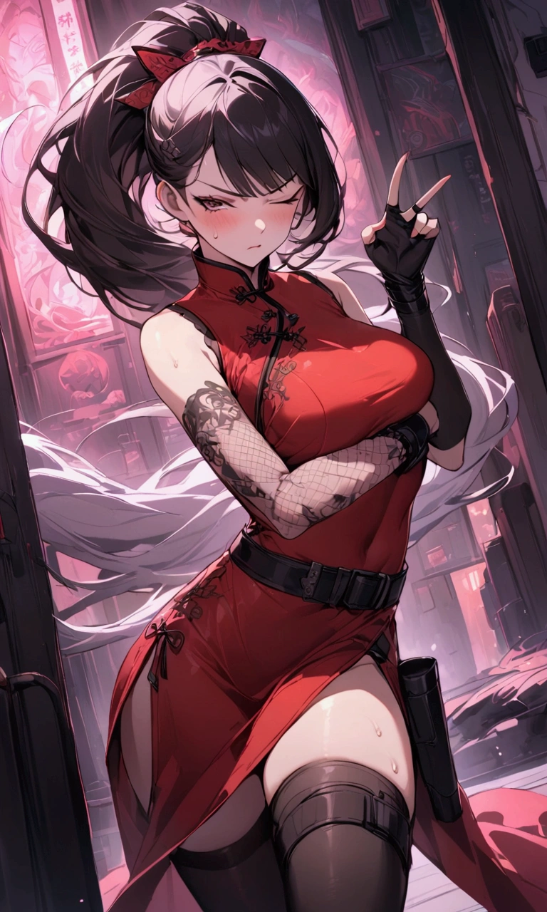 Dynamic composition,dutch angle,{{masterpiece}}, {{{Highest quality}}},{{Very detailed}},{{Fight}},{{fighting stance:1.6}},{{critical situation:1.6}},{{hold down one's stomach with one's hands:1.6}},1girl,30years old,{Mature Woman}},cyberpunk,{{RED Chinese clothing:1.2}},Red sleeveless Chinese dress,pelvic curtain,black stockings,belt,black fingerless gloves,Lace arm covers,holster,{{Grit your teeth:1.4}},one eye closed, ,{{v-shaped eyebrows}},Bad mood,blush,Sweat,raise one's eyebrows ,{{View your viewers}}、Very long long hair in a ponytail.abdominal pain ,{{pain}},Inside the dojo