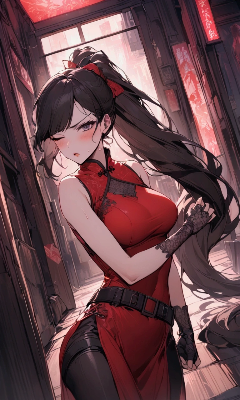 Dynamic composition,dutch angle,from side,{{masterpiece}}, {{{Highest quality}}},{{Very detailed}},{{Fight}},{{fighting stance:1.6}},{{critical situation:1.6}},{{hold down one's stomach with one's hands:1.6}},1girl,30years old,{Mature Woman}},cyberpunk,{{RED Chinese clothing:1.2}},Red sleeveless Chinese dress,pelvic curtain,black stockings,belt,black fingerless gloves,Lace arm covers,holster,{{Grit your teeth:1.4}},one eye closed, ,{{v-shaped eyebrows}},Bad mood,blush,Sweat,raise one's eyebrows ,{{View your viewers}}、Very long long hair in a ponytail.abdominal pain ,{{pain}},Inside the dojo,indoor