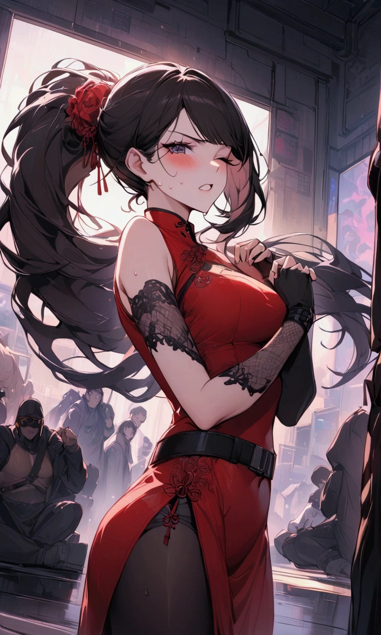 Dynamic composition,dutch angle,from side,{{masterpiece}}, {{{Highest quality}}},{{Very detailed}},{{Fight}},{{fighting stance:1.6}},{{critical situation:1.6}},{{hold down one's stomach with one's hands:1.6}},1girl,30years old,{Mature Woman}},cyberpunk,{{RED Chinese clothing:1.2}},Red sleeveless Chinese dress,pelvic curtain,black stockings,belt,black fingerless gloves,Lace arm covers,holster,{{Grit your teeth:1.4}},one eye closed, ,{{v-shaped eyebrows}},Bad mood,blush,Sweat,raise one's eyebrows ,{{View your viewers}}、Very long long hair in a ponytail.abdominal pain ,{{pain}},Inside the dojo,indoor