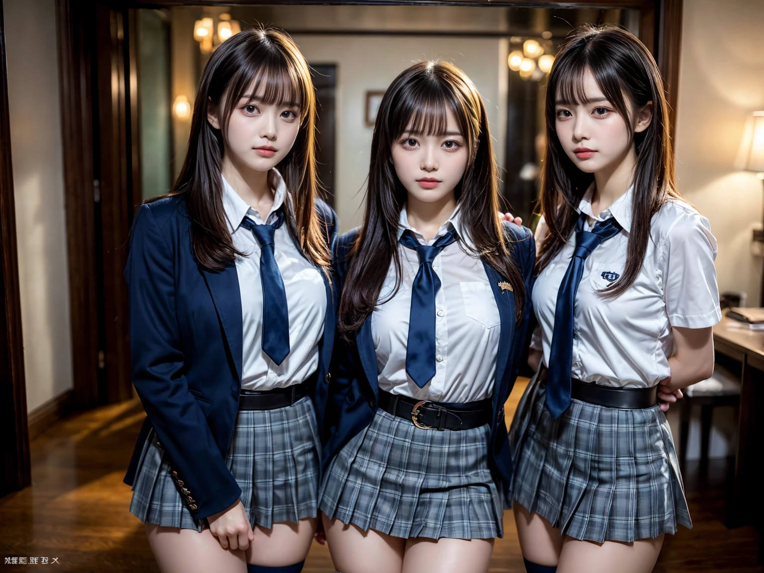 (8K, Raw photography, top-quality, masterpiece:1.2), master piece, best quality, illustration, Super detailed, fine details, High resolution, 8K,wall paper, perfect dynamic composition,(Details High quality, realistic depiction of eyes:1.3), ((2 girls, 2 schoolgirls)), The background is a luxury hotel room、High school girl uniform、blazer 、Super Short Check Uniform Skirt、Navy blue high socks、garterbelts、Colossal tits、Disturbed uniform, Play with each other,Touching each other's bodies,Touching the body of the girl next door, short bob hair, black hair color, huge breasts, Big Natural Color Lip, bold sexy pose, (perfect body shape), crying a little、cold gaze, Beautiful makeup,glitter makeup,Cutest 18 years old, beautiful legs, hposing Gravure Idol, Voluptuous thighs