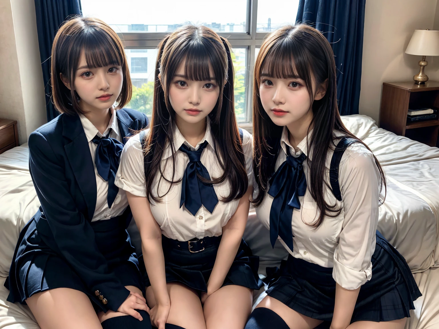 (8K, Raw photography, top-quality, masterpiece:1.2), master piece, best quality, illustration, Super detailed, fine details, High resolution, 8K,wall paper, perfect dynamic composition,(Details High quality, realistic depiction of eyes:1.3), ((2 girls, 2 schoolgirls)), The background is a luxury hotel room、High school girl uniform、blazer 、Super Short Check Uniform Skirt、Navy blue high socks、garterbelts、Colossal tits、Disturbed uniform, Play with each other,Touching each other's bodies,Touching the body of the girl next door, short bob hair, black hair color, huge breasts, Big Natural Color Lip, bold sexy pose, (perfect body shape), crying a little、cold gaze, Beautiful makeup,glitter makeup,Cutest 18 years old, beautiful legs, hposing Gravure Idol, Voluptuous thighs