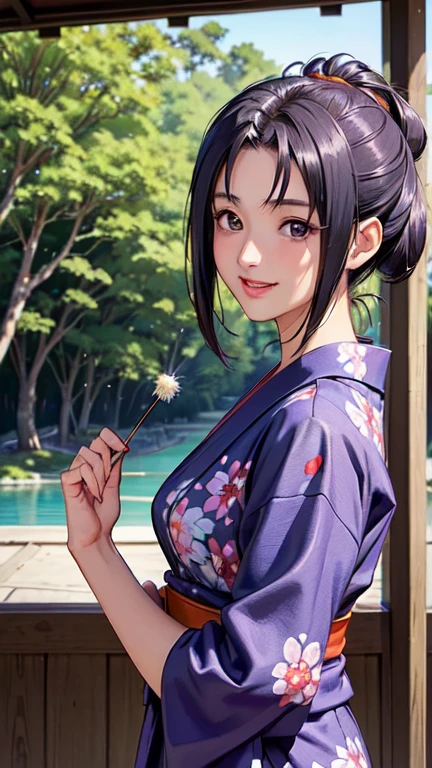 ((masterpiece)),((Ayako Katagiri)),((Katagiri Ayako)),((Mischievous Smile)),Anatomically perfect fingers,(((yukata))),(((Festivals))),(((A moment of summer)))