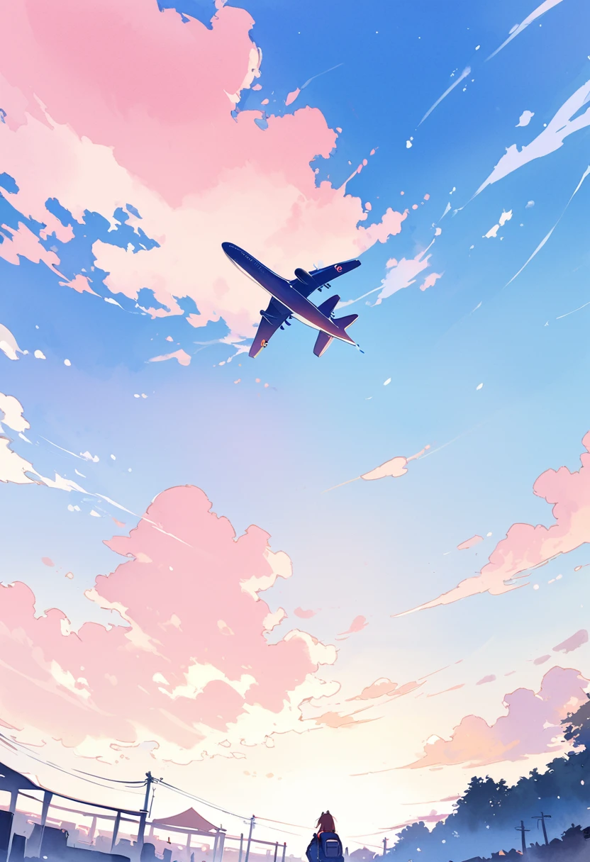 (best quality, high resolution, 1 Watercolor Airplane，Low Angle of View