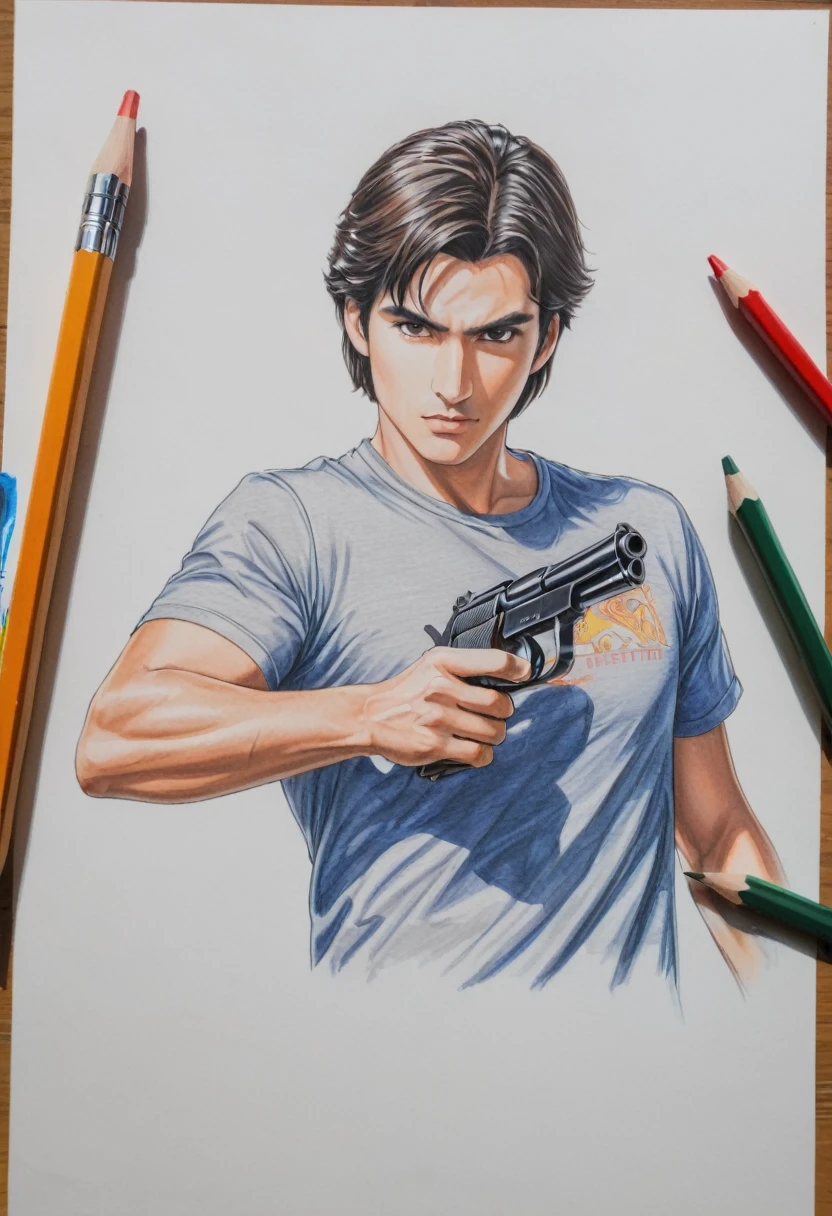 .357handgun , cityhunter, male,tshirt,white,Art,ad,colour pencil drawing,draft drawing