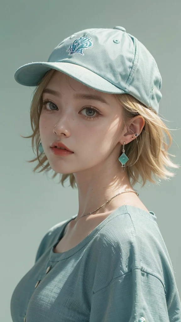 nomura tetsuya, masterpiece, best quality, 1girl, aqua eyes, baseball cap, blonde hair, closed mouth, earrings, green background, hat, hoop earrings, jewelry, looking at viewer, short hair, simple background, solo, upper body, big breast , naked,