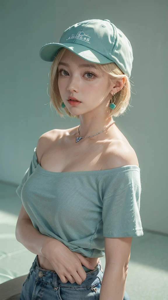 nomura tetsuya, masterpiece, best quality, 1girl, aqua eyes, baseball cap, blonde hair, closed mouth, earrings, green background, hat, hoop earrings, jewelry, looking at viewer, short hair, simple background, solo, upper body, big breast , naked,