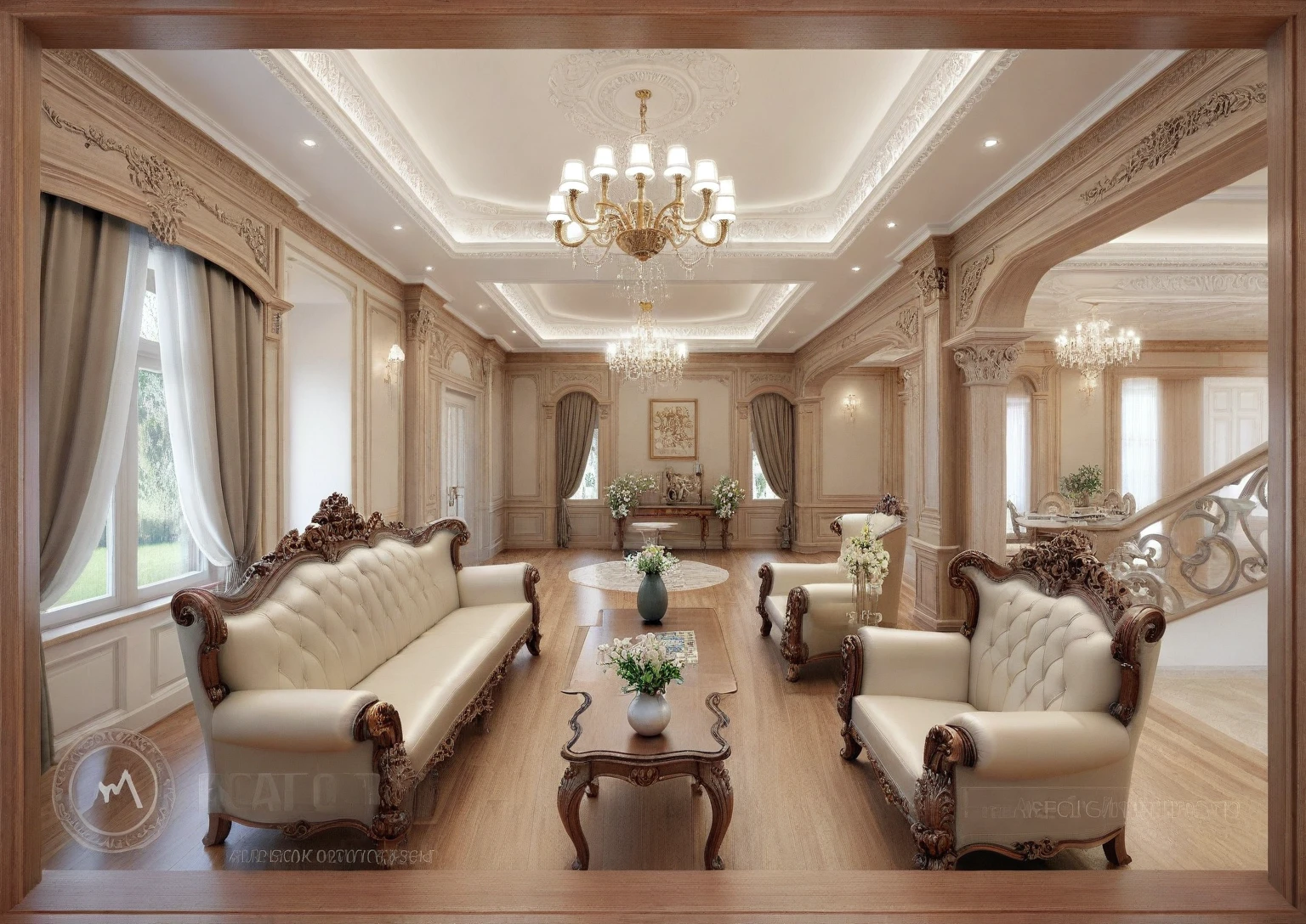 RAW photo, masterpiece, a view of a ((( living room ))) with a couch, chairs, and a chandelier, highly detailed interior, neo - classical style, neoclassical style, neoclassicism style, interior architect architectural visualization, neoclassical style, in style of classicism, white light sun, rendered in vray, rendered in v-ray, rendered in unreal engine 3d, (photorealistic:1.2), (photorealistic:1.5), best quality, ultra high res, architechture, (leather sofa detail:1.5), neoclassic house, (detailed railing neoclassic:1.5), luxury neoclassical villa, (mable floor details:1.5), (detailed neoclassical carpet:1.5), in the style of neoclassical scene, glass windows, best quality, (Intricate lines:1.5), ((Photorealism:1.5)),(((hyper detail:1.5))), archdaily, award winning design, (dynamic light:1.3), (day light:1.2), (perfect light:1.3), (shimering light :1.4), refection glass windows, (curved line architecture arch:1.2), photorealistic, FKAA, TXAA, RTX, SSAO, Post Processing, Post-Production, CGI, VFX, SFX, Full color,((Unreal Engine 5)), Canon EOS R5 Camera + Lens RF 45MP full-frame CMOS sensor, HDR, Realistic, Cinematic intricate detail, extreme detail, science, hyper-detail, FKAA, super detail, super realistic, detail, intricate detail, nice color grading, reflected light on glass, eye-catching wall lights, unreal engine 5, octane render, cinematic, trending on artstation, High-fidelity, Viwvid, Crisp, Sharp, Bright, Stunning, ((Lifelike)), Natural, ((Eye-catching)), Illuminating, Flawless, High-quality,Sharp edge rendering, medium soft lighting, photographic render, detailed archviz, ((( Pachyloba, Doussie, Afzelia. organe brown wooden : 1.7 )))