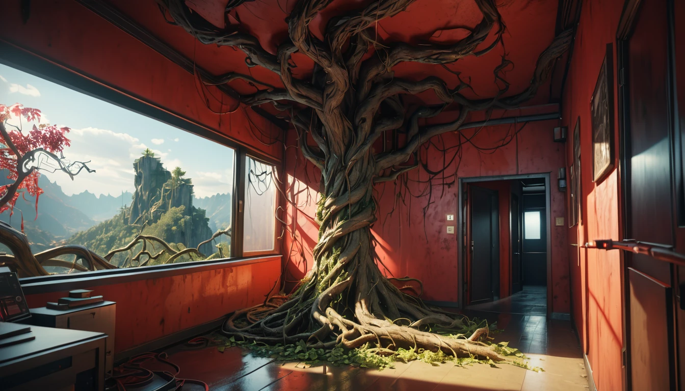 a twisted circuitry vines,gnarled trees,ominous red shadows,technology and nature merge,dark and unsettling landscape,detailed horror atmosphere,(best quality,4k,8k,highres,masterpiece:1.2),ultra-detailed,(realistic,photorealistic,photo-realistic:1.37),HDR,UHD,studio lighting,extreme detail description,professional,vivid colors,dark fantasy,surreal,cinematic