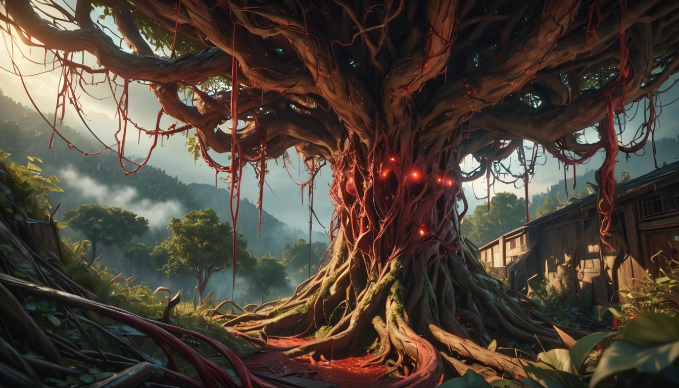 a twisted circuitry vines,gnarled trees,ominous red shadows,technology and nature merge,dark and unsettling landscape,detailed horror atmosphere,(best quality,4k,8k,highres,masterpiece:1.2),ultra-detailed,(realistic,photorealistic,photo-realistic:1.37),HDR,UHD,studio lighting,extreme detail description,professional,vivid colors,dark fantasy,surreal,cinematic