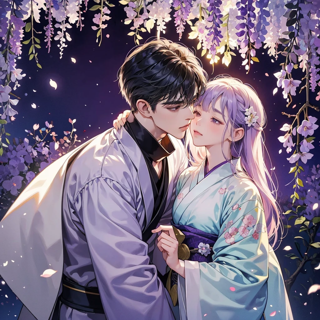 a man is kissing a woman in the wisteria forest, dark night, , white kimono, hanfu, (Beautifully Aesthetic:1.2),wisteria, peace, tranquility, serenity, petals