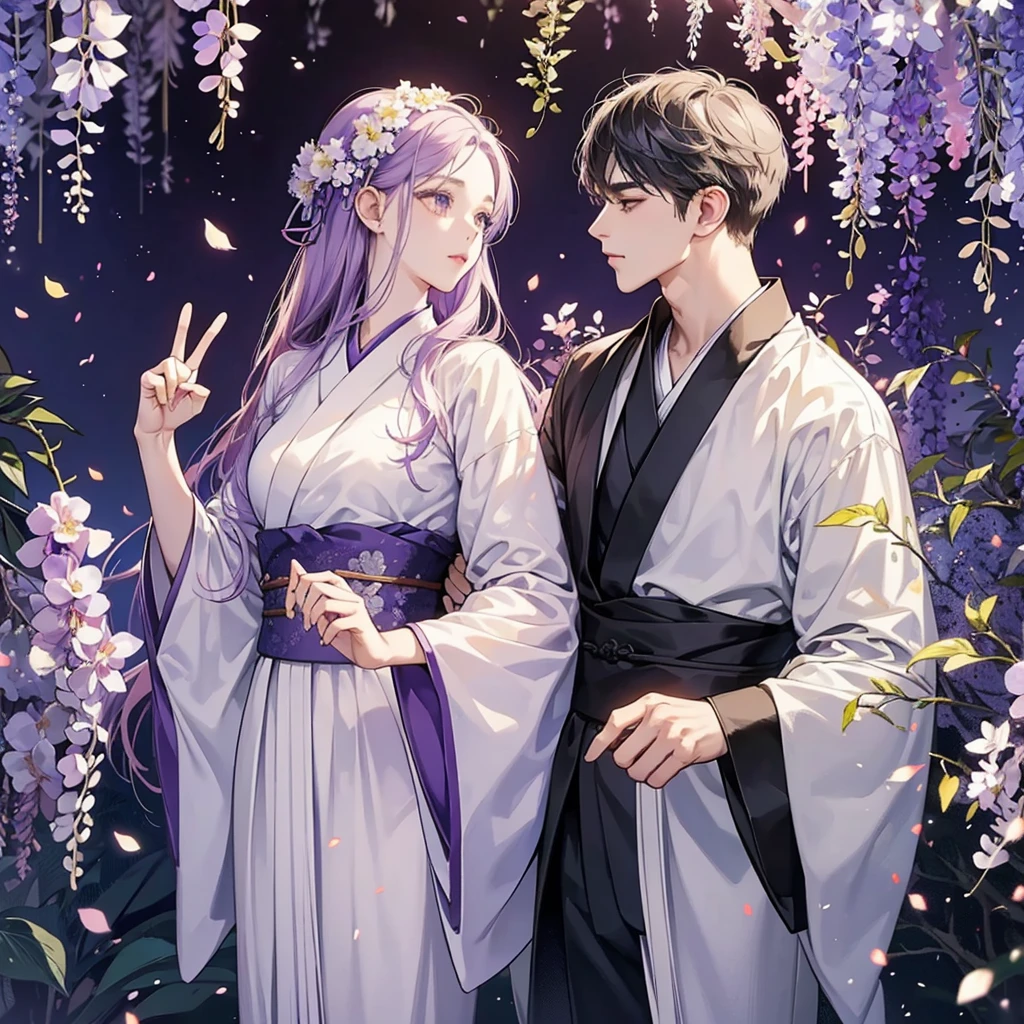 a man is kissing a woman in the wisteria forest, dark night, , white kimono, hanfu, (Beautifully Aesthetic:1.2),wisteria, peace, tranquility, serenity, petals