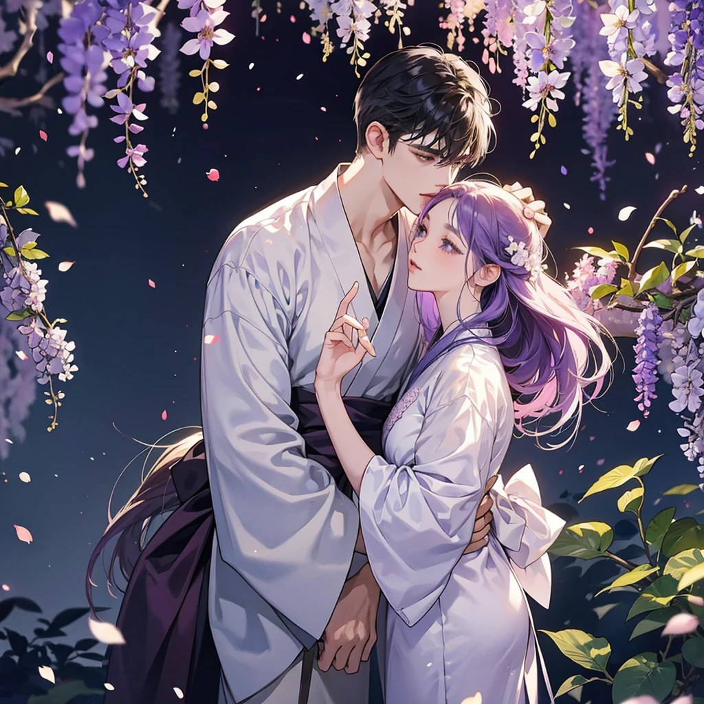 a man is kissing a woman in the wisteria forest, dark night, , white kimono, hanfu, (Beautifully Aesthetic:1.2),wisteria, peace, tranquility, serenity, petals