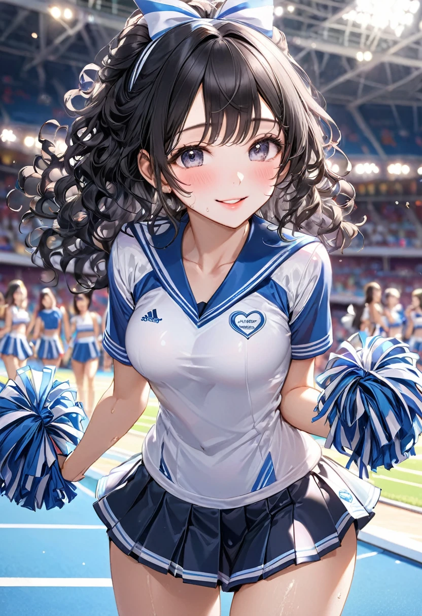 (cheer leading style) (beautiful sweaty skin), (holding both hands ponpon), (beautiful detailed curly:1.3) (beautiful black hair long hair) (sexy cute princess girl) (beauty smile, glossy lips, medium tits), (in a detailed cute white Cheerleader uniform), break, in the Olympic Venues, background many audience, BREAK, perfect anatomy, masterpiece, best quality, 16k, beautiful detailed love, daydreaming expression