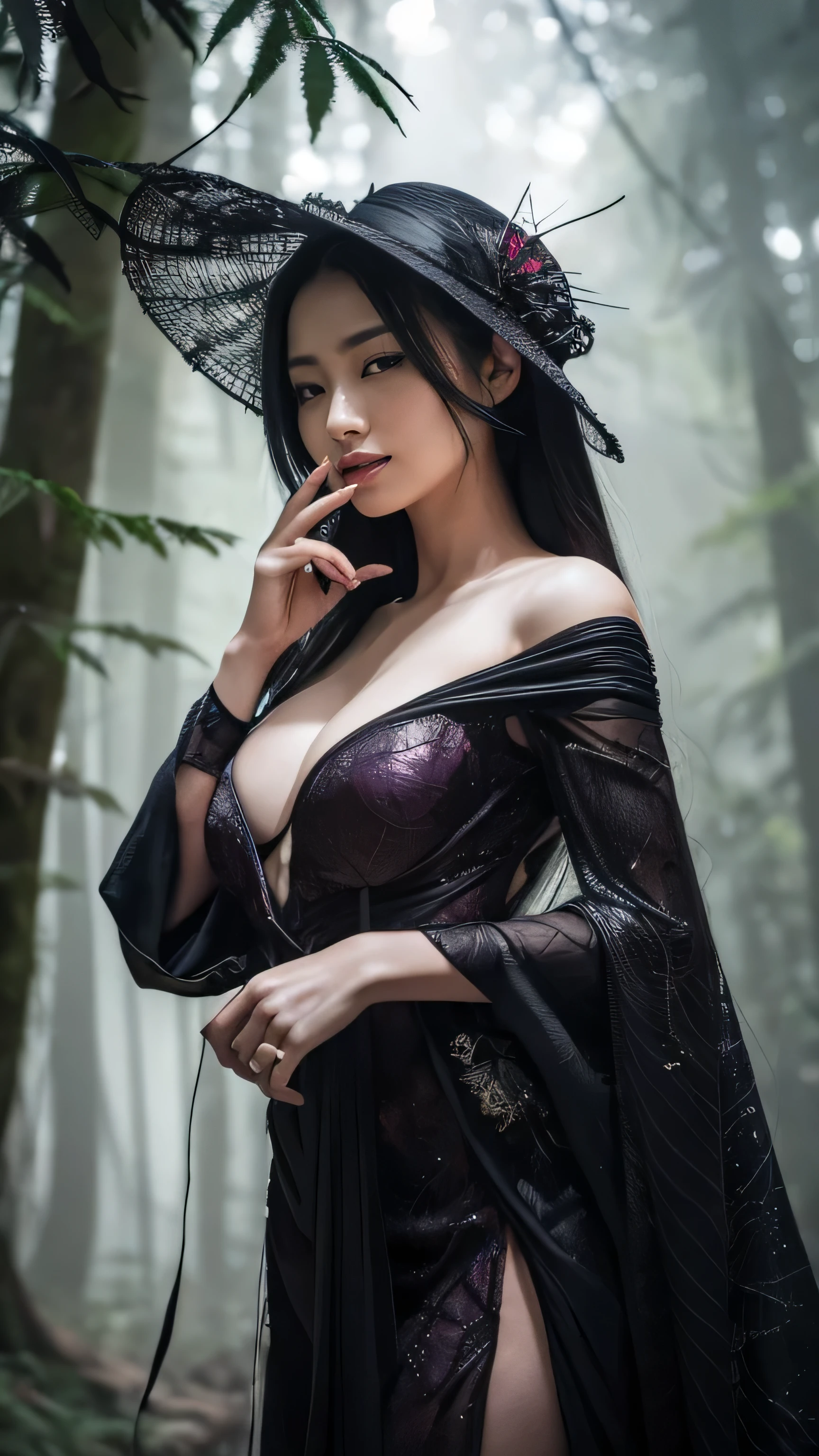 Setting:
The background features a dense, mystical forest at twilight, with dim light filtering through the trees, casting eerie shadows. The forest floor and trees are covered with thick, sticky webs that glisten with dew, creating a labyrinthine network that serves as both her home and her trap. The atmosphere is filled with the sounds of nature, blending harmoniously with the subtle rustling of her movements and the occasional clicking of her spider legs.
Pose and Action:
Jorōgumo is poised elegantly on a massive web that spans between two ancient trees. One hand delicately holds a silken thread while the other extends in a beckoning gesture. Her expression is both alluring and sinister, with a smile that hints at her true nature. Her spider legs are spread out around her, ready to pounce on any unsuspecting prey. The web she sits on is intricately woven, displaying her craftsmanship and deadly precision.
Color Palette:
The scene is dominated by dark, moody colors with highlights of silver and gold. The forest background features deep greens and shadows, while her kimono and spider form are a blend of dark purples, reds, and blacks, creating a striking contrast. The webs glisten with silvery strands, adding to the mystical and deadly atmosphere.
Special Features:
Webs: Her webs are incredibly strong and nearly invisible, making them perfect traps for her prey. They glisten with a faint, eerie light, adding to the atmosphere.
Venom: Jorōgumo's bite is venomous, paralyzing her victims almost instantly. Her fangs can inject this venom with deadly precision.
Hypnotic Gaze: Her eyes can mesmerize and control her prey, luring them closer into her deadly embrace.
Ambiance: The air around her is filled with a gentle mist, and the soft sounds of nature create a serene yet haunting environment. The forest is filled with small, glowing orbs of light that hover like fireflies, enhancing the mystical atmosphere.