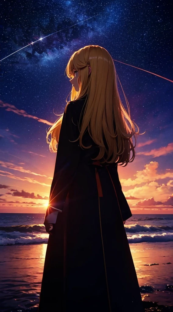 1people,Blonde long-haired woman,Long coat, Dress Silhouette, Rear View,Space Sky, , Anime Style, sunset,The boundary between sea and space,Hands reaching for the sky