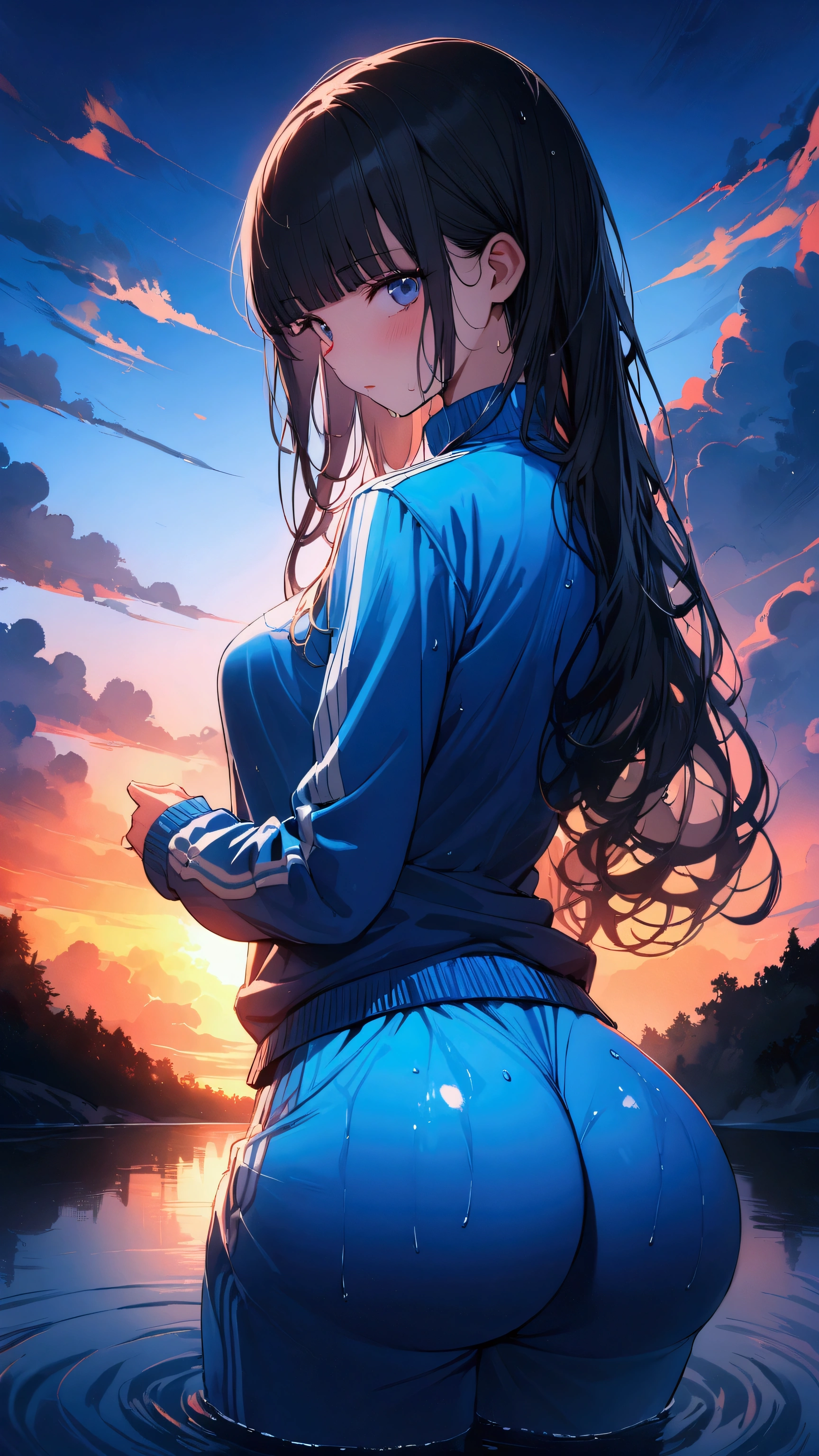 masterpiece, Highest quality, Ultra-high resolution, (beautiful girl: 1.3), (((Long hair with bangs))),Black Hair,Looks about 、 (The color of the sweatpants is blue:1.3), (The color of the truck jacket is blue:1.3), Rear view、A waterway with a dazzling sunset、A little wet、Big, round, beautifully shaped butt