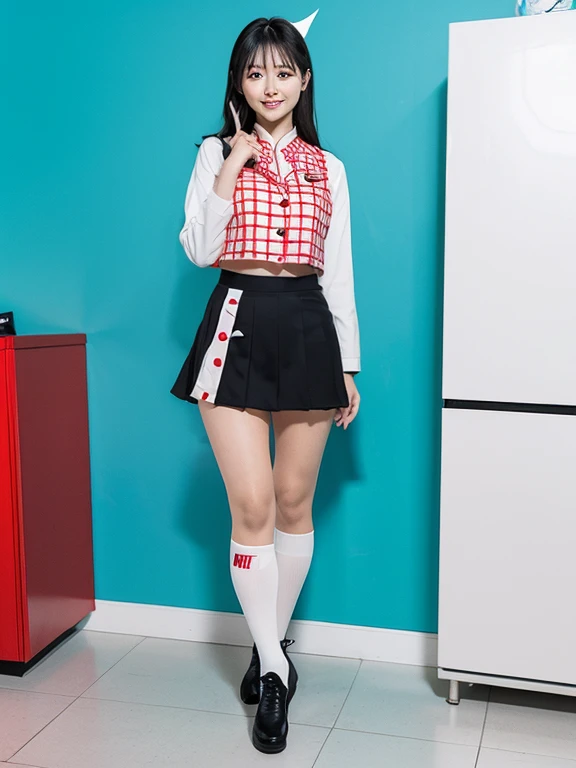 LAHO Beauty。Very sexy、Office lady with strong sexual desires。24-year-old office lady、The beauty of a suit、A cool beauty with big breasts that make her undershirt bulge、career woman、Japanese Beauty、The button on my chest is about to come off、ulzzang-6500-v1.1、(RAW Photos:1.2)、(Photorealistic)、(Genuine:1.4)、(Peace Fly)、A calm-looking woman wearing a checked vest、Large Bust Body Type。Mini skirt with exposed thighs、The legs are plump。(Ultra-realistic black Nike logo socks:Panty visible pose、There are stains on the panties:1.2)。Japanese Goddess、Wearing black high heels、Sexy gaze with black socks、((Full Body Shot:1.16))、Highlighted with knee-length socks featuring the Nike logo。Nike logo on socks。Wearing black high heels