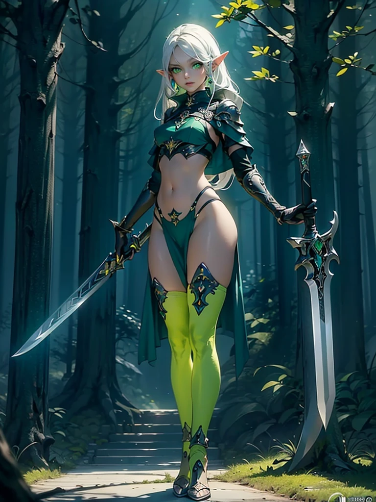 (((Masterpiece, best quality, high detailed, 8k))) Design a layout showcase Gaming character, (1girl). Long silver hair, green eyes, wearing a long flowing jade dress with high side slit, showing midriff, wielding a massive greatsword, sexy. (masterpiece:1.2), (best quality), ultra-detailed. (Step by step design, layout art:1.5), (luminous lighting, atmospheric lighting). Elf royalty. ((glove full hands)), intricate vambraces, thigh highs, thick thighs, (((full_body_shot:1.4))). The elf stands gracefully amidst dark, dense, ancient, towering trees, their leaves shimmering with a magical glow. The bikini armor, a blend of sleek metal and glowing energy lines, contrasts beautifully with the natural surroundings. Her long silver hair flows softly around her, framing her elegant face with piercing green eyes that radiate wisdom and strength. Massive greatsword she holds is pulsing with an ethereal green light.(hoang lap,A high resolution,hyper detailled),Black Soul theme, leather,Off-white,ranger,Background of details,Northern Valley,Irithyll,Cold moon,Rule of thirds,boundage,Diablo 4 style,intricate-detail,Diablo color theme,(offcial art,Beauty and aesthetics:1.2),(Dark art,erode, fractal art:1.3),rich colourful,horryfing,highest details, (green eyes: 2), white hair with blue tips, blue colored inner hair, long hair, solo, 1girl, slim, small breasts, green flames