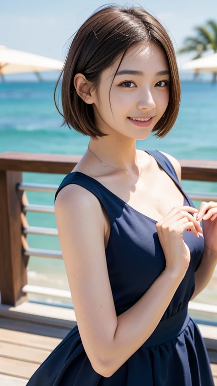 (s old, young, cute:1.2), (Japanese Teen 1 Girl Idol:1.2), Ultra-Realistic Capture, Very detailed, High resolution 16k close-up of human skin. Skin texture must be natural, So detailed that even pores can be distinguished. Skin looks healthier, In a unified tone. Natural lightと色を使う, (Very good quality clothing), (The best move, Nice hands, Perfect hands), (masterpiece:0.8), Highest quality, Very detailed, (Making a heart with hands:1.4)、The perfect solution, (Perfect Anatomy, Correct limbs:1.2), break (Botanical pattern), Sundress, (Large Breasts:1.3), (Droopy eyes:0.5), Glowing Eyes, Faint lips, (Compensate:0.8), (short hair, Brown Hair), (White skin), (Your face is shining:0.9), slim, (smile), Place your chin on your hand (Daytime:1.2), (Natural light:1.2), (Professional Lighting:1.2), (Facial Contour:1.3), (close:1.1), (the wind is strong:1.3), (Floating Hair:1.3), (Side view:1) (Open Terrace, Resort hotels), (Beachside:1.2),smile