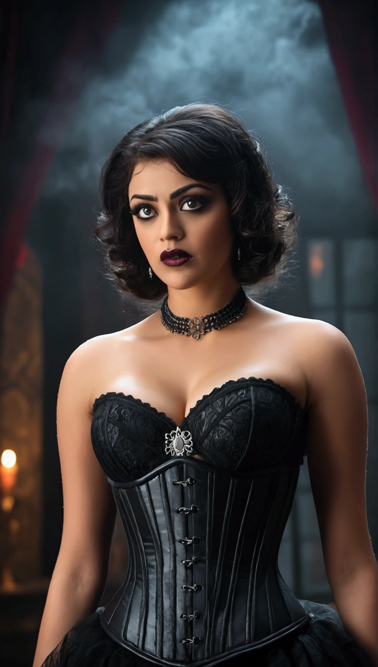 a beautiful busty woman in a black corset, dark and moody foggy background, dramatic lighting, detailed facial features, intricate corset design, photorealistic, highly detailed, cinematic lighting, dark fantasy, dramatic atmosphere, 1girl , ahsaas, huge bust, looking like Mavis from hotel Transylvania