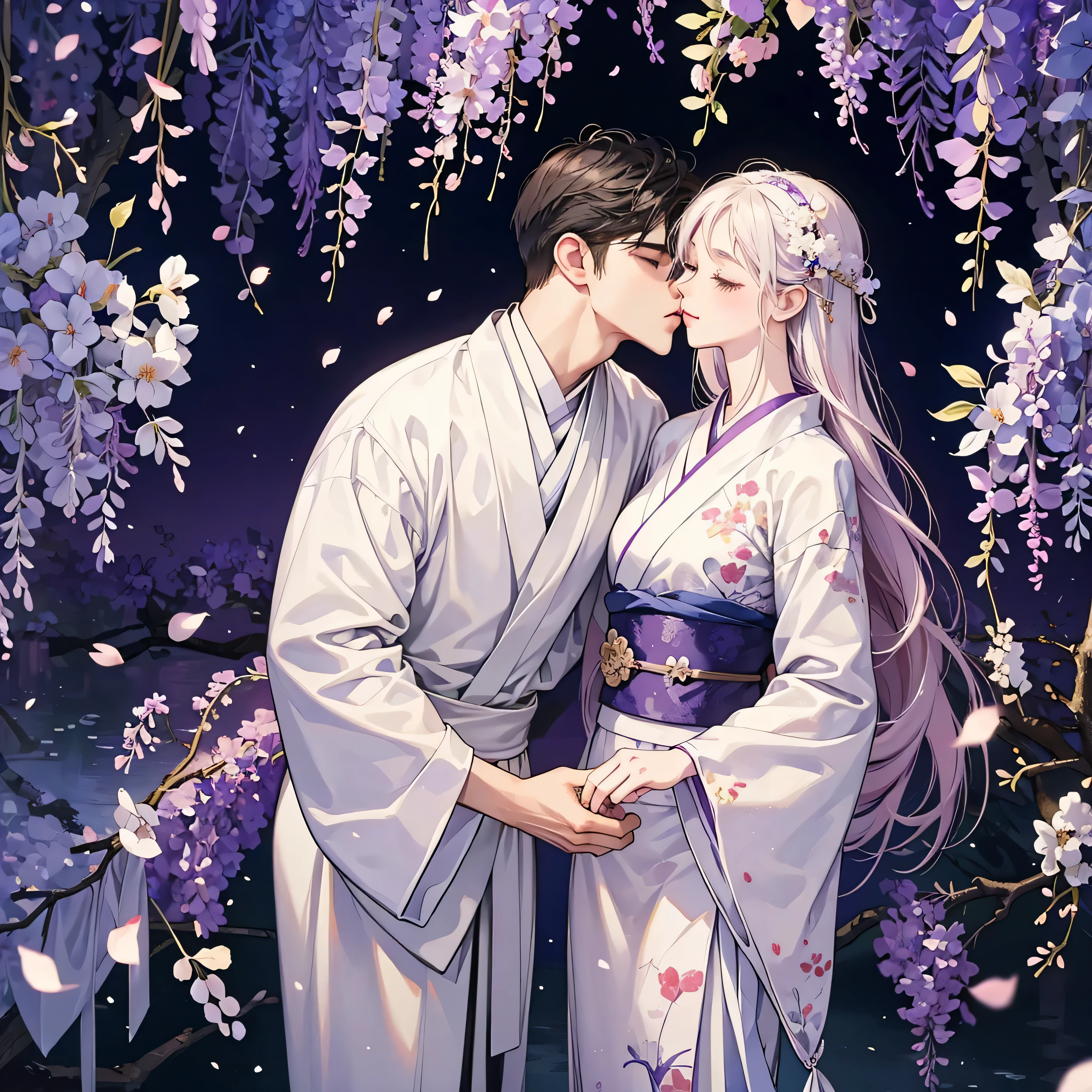 a man is kissing a woman in the wisteria forest, dark night, , white kimono, hanfu, (Beautifully Aesthetic:1.2),wisteria, peace, tranquility, serenity, petals