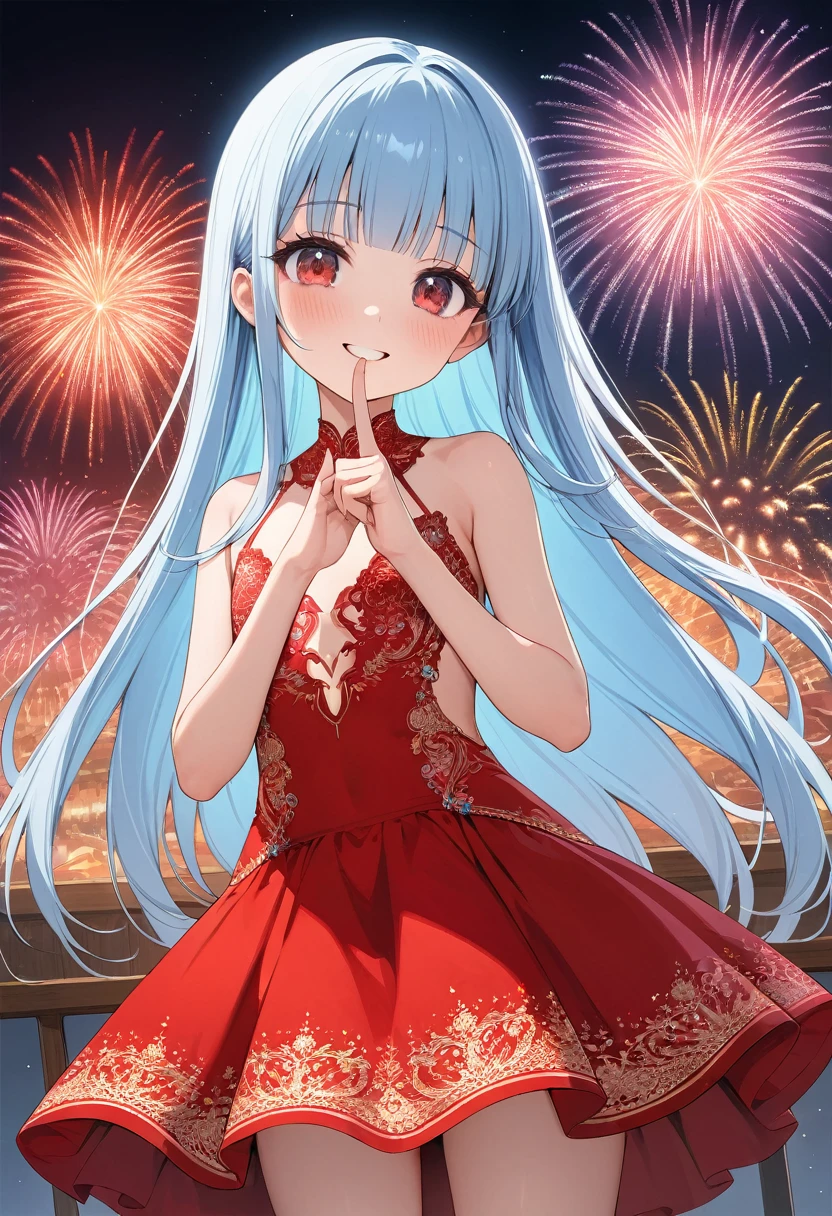  masterpiece, best quality, extremely detailed, (illustration, official art:1.1), 1 girl ,(((( light blue long hair)))), ,(((( light blue long hair)))),light blue hair , , long hair ((blush)) , cute face, big eyes, masterpiece, best quality,(((((a very delicate and beautiful girl))))),Amazing,beautiful detailed eyes,blunt bangs(((( little delicate girl)))),tareme(true beautiful:1.2), sense of depth,dynamic angle,,,, affectionate smile, (true beautiful:1.2),,(tiny 1girl model:1.2),)(flat chest) ,(perfect anatomy, masterpiece:1.4, best quality, 8k, beautiful detailed grow, daydreaming expression, in the night),  panoramic (double exposure silhouette:1.3) ((immensely detailed beautiful firework)), (solo straight  long hair femdom cute girl,  detailed red eyes, best smile, ), break, up arms and (((Finger Heart))), in a sexy red detailed dress, in the Fireworks Festival Venue.