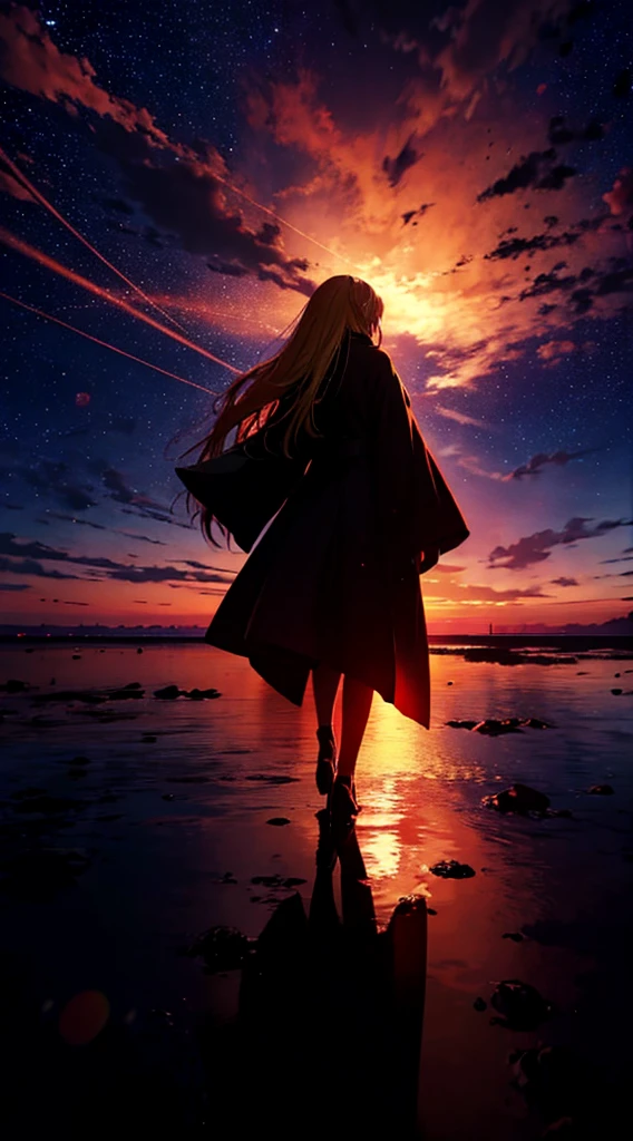 １people々々々々々々々々々々,Blonde long-haired woman，Long coat， Dress Silhouette， Rear View，Space Sky, , Anime Style, sunset，The boundary between sea and space，