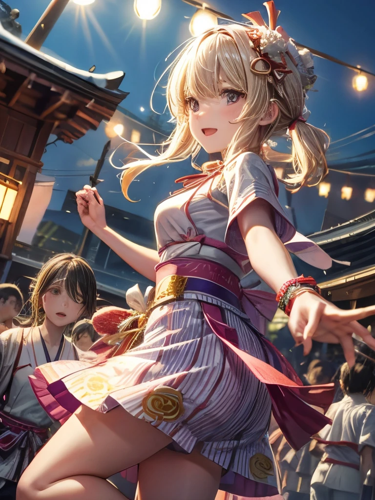 Highest quality、High resolution、Detailed Background、Teenage beauty、Detailed face、Anatomically correct、(Normal number of fingers:1.2)、(Huge breasts:1.2)、cute hair color、Bun Hair、Perfect body line、(Lively girl dancing at the Bon Odori festival:1.5)、(Dance with your fingers together, hands together and raised high:1.5)、night、Festivals、A big smile、Cute patterned yukata、dancing lively、Waving your hands back and forth、Waving your hands left and right、Coordinated hand and foot movements、Traditional Japanese summer festivals、Bon Odori is held at night, so lanterns and other lights are lit up, creating a fantastic atmosphere.、cute