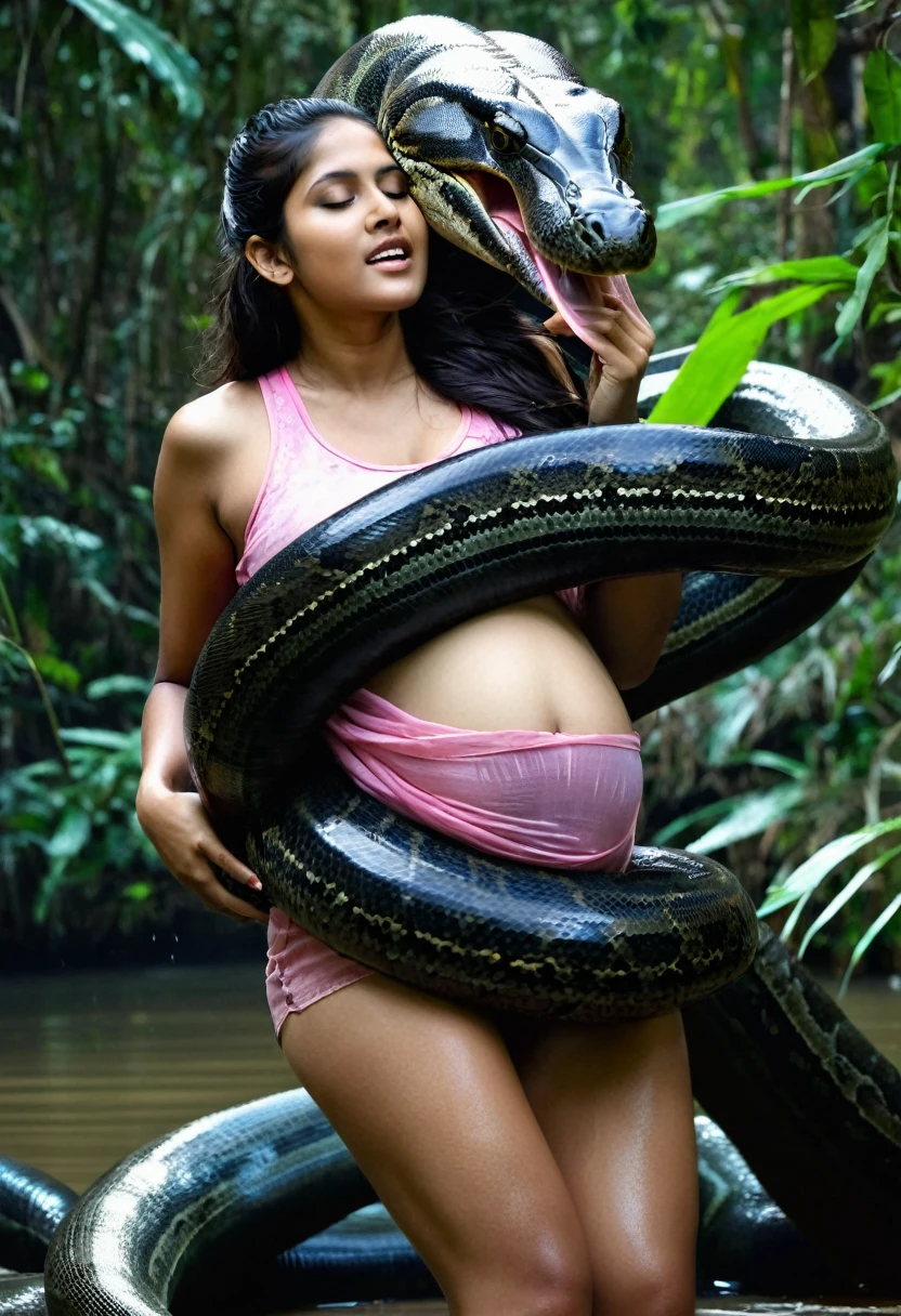 Pregnant Top quality, masterpiece, super high resolution, real photo, raw photo, cute, beautiful Indian young girl, happy expression, joy, glossy skin, dramatic lighting, full body, full body wet, dirty pink tank top, sheer with thin fabric, pink shirt dirty with mud, beautiful breasts, beautiful ass, butt sticking out, creepy, in the dark jungle, waterside, black large titanboa , slim, long limbs, slimy, slim Sleeping on large titanboa a large giant black titanboa wrapped around her neck, a large titanboa wrapped around her body, a titanboa’s head from between her crotches, a titanboa and a titan’s intertwining their tongues and kissing, a girl hugging giant titanbo a girl and a large titanboa staring at each other Many large anacondas horny aroused tentacle sex large object penetration nsfw snake tongue kissing blowjob bestiality