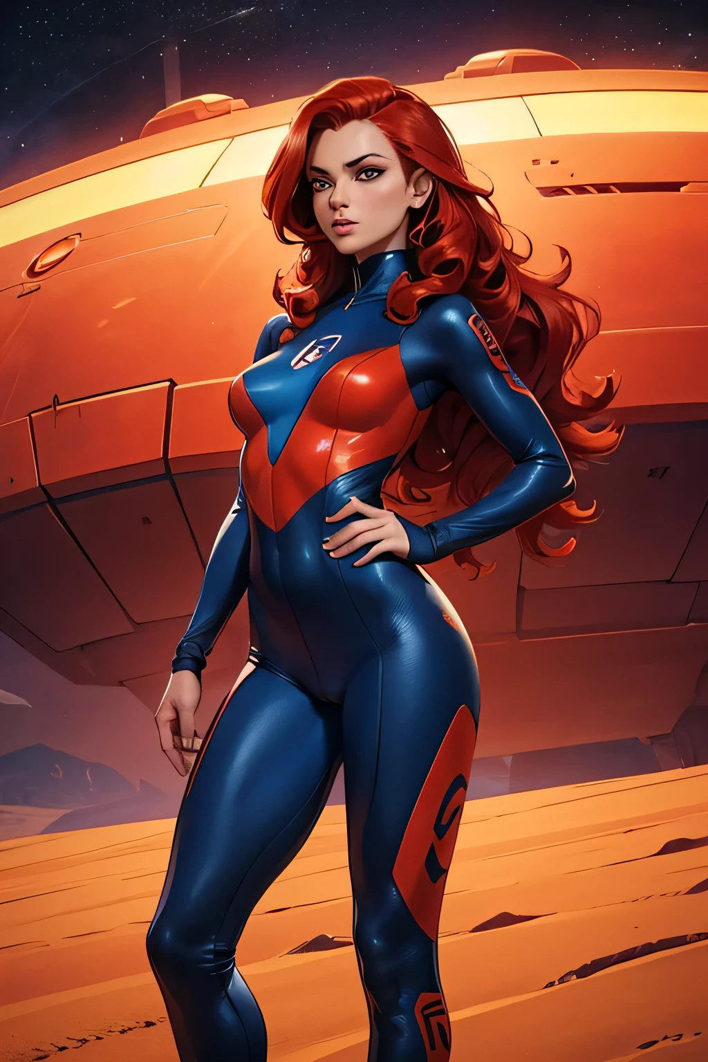 a young girl in a colorful catsuit, science fiction, tattoo, long red curls, beautiful detailed face, a futuristic weapon in her hand, sexy pose, tight clothes, cameltoe, standing on a dry planet, spaceship in backround