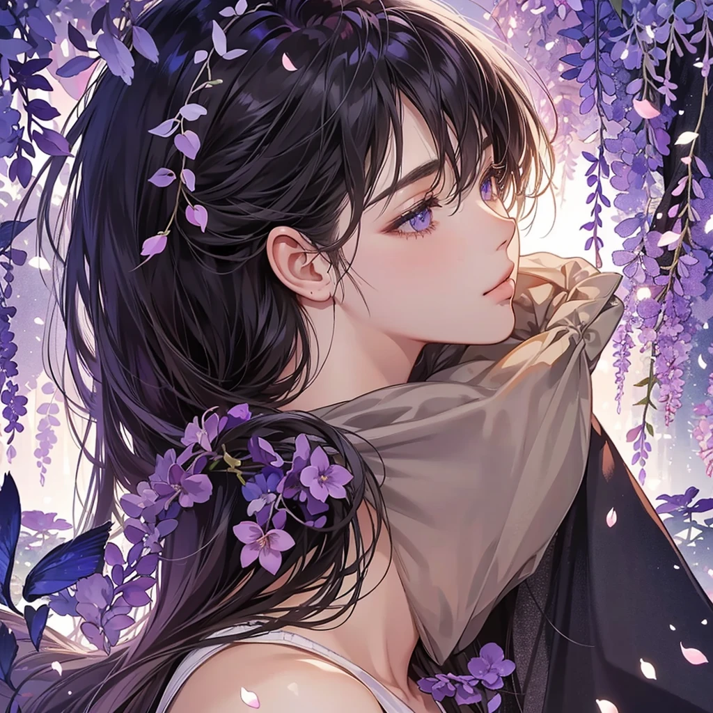a man is kissing a woman in the wisteria forest, dark night, , (Beautifully Aesthetic:1.2),wisteria, peace, tranquility, serenity, petals