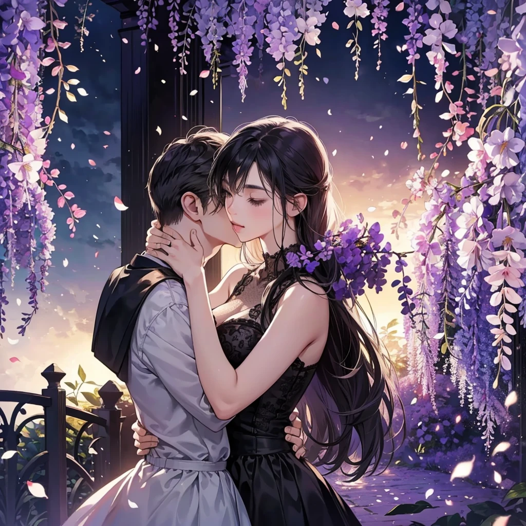 a man is kissing a woman in the wisteria forest,  dark night, , (Beautifully Aesthetic:1.2),wisteria, peace, tranquility, serenity, petals