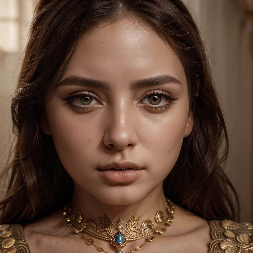 masterpiece,ultra-detailed,photorealistic,high quality,1girl,beautiful detailed eyes,beautiful detailed lips,extremely detailed face and eyes,long eyelashes,highly detailed portrait,sensual expression,ancient Byzantine era,provocative pose,luxurious clothing,ornate jewelry,seductive gaze,dramatic lighting,rich color palette,chiaroscuro effect