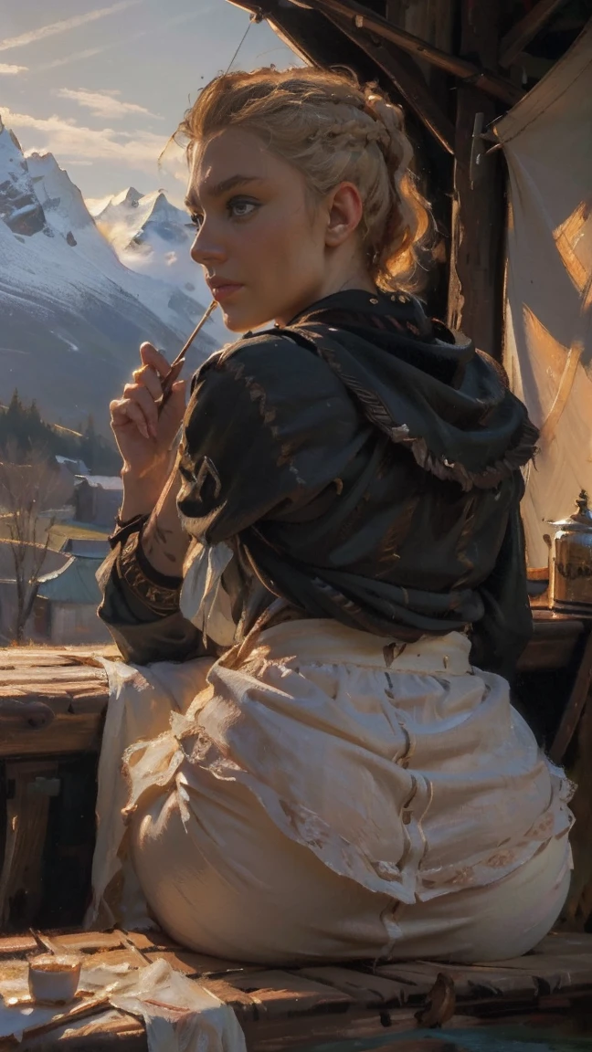 (best quality,4k,8k,highres,masterpiece:1.2),ultra-detailed,(realistic,photorealistic,photo-realistic:1.37),wide hips,thick thighs,oil painting by Sargent,view from behind,bent over,nsfw, Eivor, scar on face,blonde hair,blue eyes, short hair, sitting, upper body, close up, serious, Nordic, wooden house, cold weather, sitting in a tent, (insanely detailed, beautiful detailed face, masterpiece, beautiful detailed eyes, best quality)
