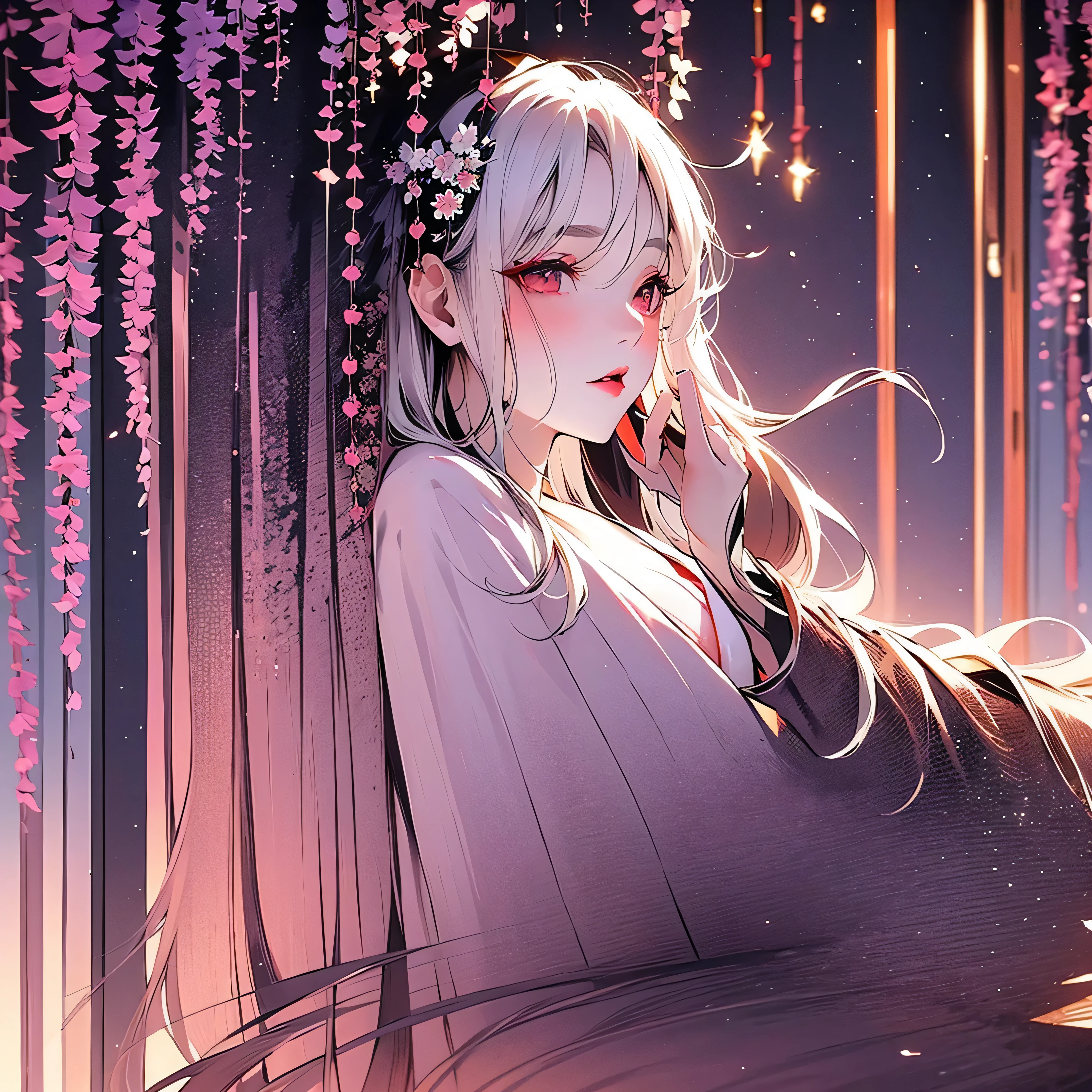 portrait of 1 beautiful geisha in the wisteria forest, dark night, wavy hair, pale skin, makeup, red lips, , white kimono, hanfu, (Beautifully Aesthetic:1.2),wisteria, peace, tranquility, serenity, petals