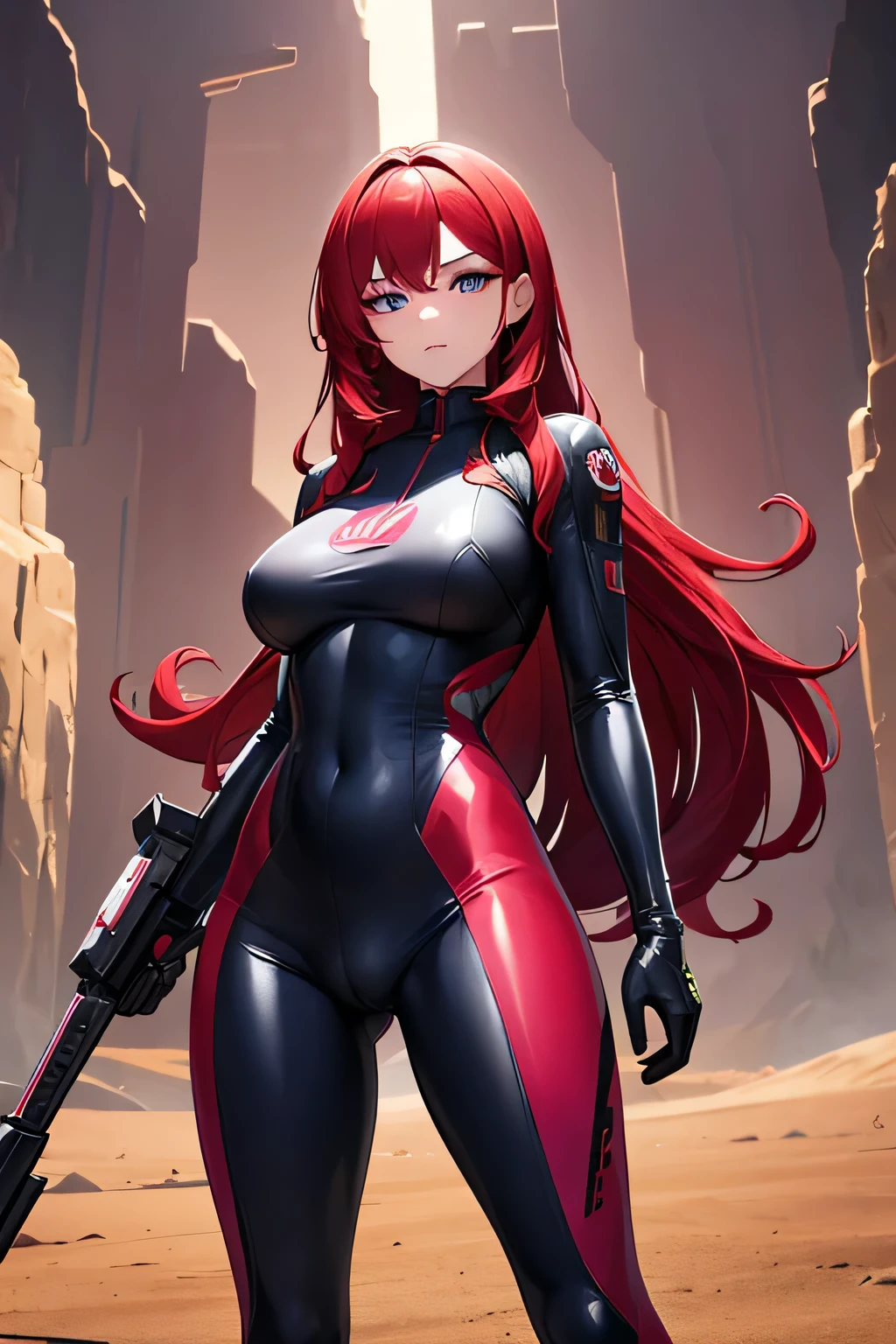 a young girl in a colorful catsuit, science fiction, tattoo, long red curls, beautiful detailed face, a futuristic weapon in her hand, sexy pose, tight clothes, cameltoe, standing on a dry planet, spaceship in backround