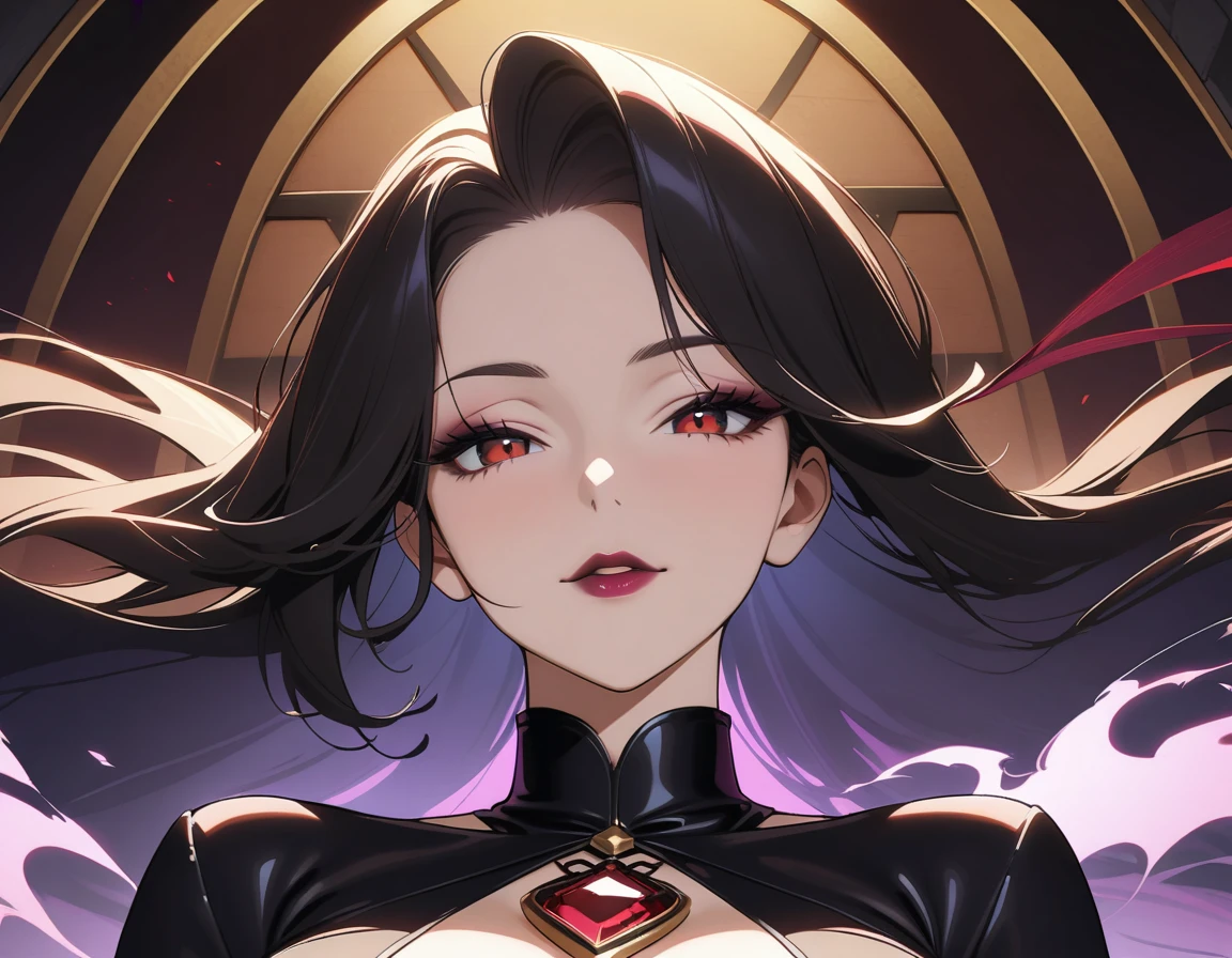 (A bewitching 35-year-old Japanese MILF, Mouth shot of an evil widow in a stunning black mourning outfit standing alone under the eaves of a funeral hall on a moonlit night, her chestnut French roll hair cascading down her back like a waterfall of darkness, close-up of her face as her dark red lips whisper a secret to the shadows. She looks out over her gloomy surroundings with an atmosphere of seductive serenity, exuding an aura of mysterious charm., White smoke from incense sticks is floating thinly like mist., Background effect showing swirling anxiety),(masterpiece, incredibly absurd resolution, absolutely resolution, ultra high resolution, Mature Female, evil MILF, professional, vivid colors, perfect anatomy, ideal facial features, perfectly beautiful face, super detailed face, evil seductive smile), A slyly drawn face, incredibly beautiful and incredibly detailed, Focus on the character's face, Close up of face, Forehead, Thin, arched eyebrows, double eyelids, half lidded eyes, beautiful amber eyes, a neat nose, beautiful nostrils, a sensual full mouth, dark lipstick, glossy lips, (Straight-on, from below, Core shadow, perspective, look up, looking down at us), Image through the camera viewfinder, Aesthetic, 16k, Sukebe smile and open her mouth, Death Siren, Captivating voice, hypnotic whisper, evil seductive ASMR, evil MILF, Femme Fatale, Perspective view