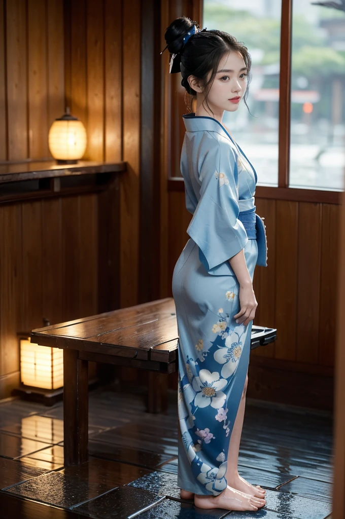 (((best quality))),(((ultra detailed))),(((masterpiece))),illustration,((1 beautiful Japannese girl,solo)),(neat bun:1.2),((slim,thin)),((small breasts,flat chest)),(in izakaya:1.3),(summer:1.2),(rainy:1.3),(indoor:1.2),(night scene:1.3),(wet:1.3),(collar:1.2),(blue floral kimono:1.3),porcelain skin,(slender legs:1.2),(geta:1.2),rouge,dimly lit,warm glow,ethereal,(standing beside the table:1.3),(arms behind back:1.5),sake bottle,half-empty glass,tray,grilled fish,steamed vegetables,half-eaten,melancholic smile,storm,solitude,enigmatic aura,tranquility,chaos,simplicity,mysterious,captivating,((from front,full body))