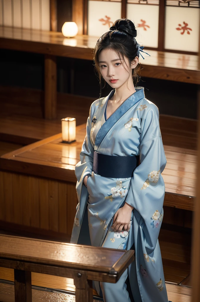 (((best quality))),(((ultra detailed))),(((masterpiece))),illustration,((1 beautiful Japannese girl,solo)),(neat bun:1.2),((slim,thin)),((small breasts,flat chest)),(in izakaya:1.3),(summer:1.2),(rainy:1.3),(indoor:1.2),(night scene:1.3),(wet:1.3),(collar:1.2),(blue floral kimono:1.3),porcelain skin,(slender legs:1.2),(geta:1.2),rouge,dimly lit,warm glow,ethereal,(standing beside the table:1.3),(arms behind back:1.5),sake bottle,half-empty glass,tray,grilled fish,steamed vegetables,half-eaten,melancholic smile,storm,solitude,enigmatic aura,tranquility,chaos,simplicity,mysterious,captivating,((from front,full body))