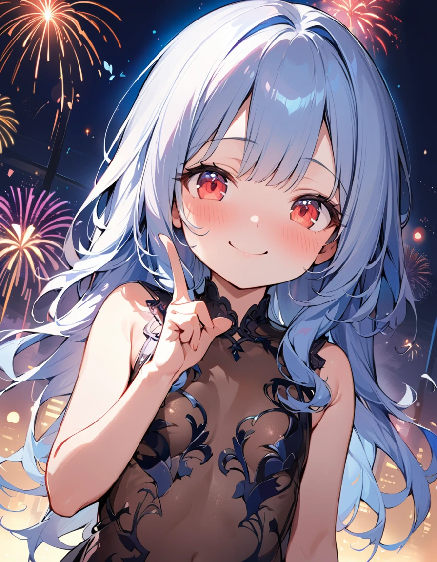  masterpiece, best quality, extremely detailed, (illustration, official art:1.1), 1 girl ,(((( light blue long hair)))), ,(((( light blue long hair)))),light blue hair , , long hair ((blush)) , cute face, big eyes, masterpiece, best quality,(((((a very delicate and beautiful girl))))),Amazing,beautiful detailed eyes,blunt bangs(((( little delicate girl)))),tareme(true beautiful:1.2), sense of depth,dynamic angle,,,, affectionate smile, (true beautiful:1.2),,(tiny 1girl model:1.2),)(flat chest) ,(perfect anatomy, masterpiece:1.4, best quality, 8k, beautiful detailed grow, daydreaming expression, in the night),  panoramic (double exposure silhouette:1.3) ((immensely detailed beautiful firework)), (solo straight  long hair femdom cute girl,  detailed red eyes, best smile, ), break, up arms and (((Finger Heart))), in a sexy red detailed dress, in the Fireworks Festival Venue.