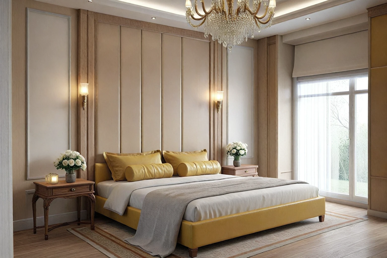 RAW photo, masterpiece, a view of a ( BEDroom :1.3) with a couch, chairs, and a chandelier, highly detailed interior, neo - classical style, neoclassical style, neoclassicism style, interior architect architectural visualization, neoclassical style, in style of classicism, white light sun, rendered in vray, rendered in v-ray, rendered in unreal engine 3d, (photorealistic:1.2), (photorealistic:1.5), best quality, ultra high res, architechture, (leather sofa detail:1.5), neoclassic house, (detailed railing neoclassic:1.5), luxury neoclassical villa, (mable floor details:1.5), (detailed neoclassical carpet:1.5), in the style of neoclassical scene, glass windows, best quality, (Intricate lines:1.5), ((Photorealism:1.5)),(((hyper detail:1.5))), archdaily, award winning design, (dynamic light:1.3), (day light:1.2), (perfect light:1.3), (shimering light :1.4), refection glass windows, (curved line architecture arch:1.2), photorealistic, FKAA, TXAA, RTX, SSAO, Post Processing, Post-Production, CGI, VFX, SFX, Full color,((Unreal Engine 5)), Canon EOS R5 Camera + Lens RF 45MP full-frame CMOS sensor, HDR, Realistic, Cinematic intricate detail, extreme detail, science, hyper-detail, FKAA, super detail, super realistic, crazy detail, intricate detail, nice color grading, reflected light on glass, eye-catching wall lights, unreal engine 5, octane render, cinematic, trending on artstation, High-fidelity, Viwvid, Crisp, Sharp, Bright, Stunning, ((Lifelike)), Natural, ((Eye-catching)), Illuminating, Flawless, High-quality,Sharp edge rendering, medium soft lighting, photographic render, detailed archviz, ((( Pachyloba, Doussie, Afzelia wooden : 1.7 ))), ((( yellow organge Tone : 1.3 )))