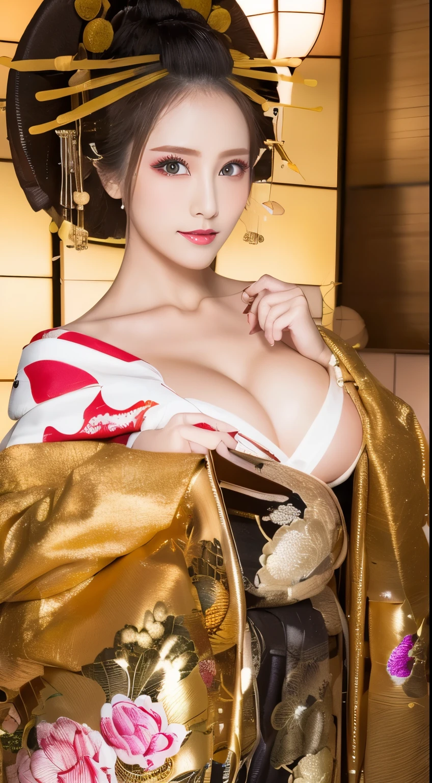 ((masterpiece(:1.4),Highest quality,Ultra-high resolution,Highest quality,8k,Extremely detailed,In detail))。night,Japanese,(A beautiful woman),glossy,slim,Large Breasts(1.6),sexy,glamorous,((Golden Ratio Style,Perfect Style)),Narrow waist,Flashy gal makeup,Japanese garden,Oiran,Prostitute,Sunny day outfit,Uchikake,Gold brocade,((A gorgeous kimono)),A cutting board belt tied in front,Hair tying,hairpin,hair ornaments,Gorgeous costumes,Beautiful standing posture,Presence,Exude sex appeal,looking at the camera,Show off your style,