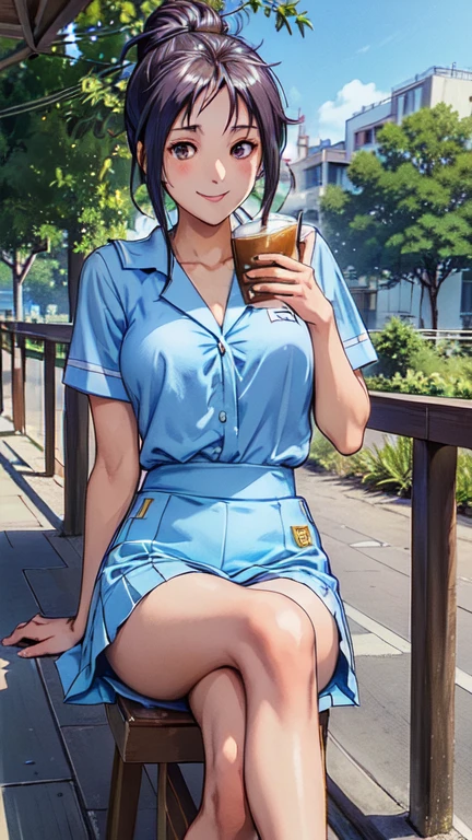 ((masterpiece)),((Ayako Katagiri)),((Katagiri Ayako)),((Mischievous Smile)),Anatomically perfect fingers,(((Kirameki High School Uniform))),(((Cafe Terrace))),(((A moment of summer))),(((Drinking iced coffee)))