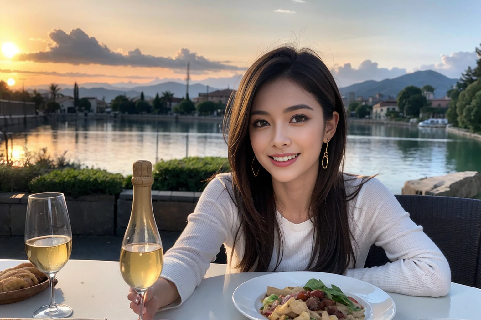 (Realistic:1.1),(masterpiece,Highest quality),8k,(55 years old), 53 years old, ベリーslimボディ、slimカップル、Tight waist,Upper Body,full-course dinner、wine 、Amazing view of the sunset sky and clouds、Perfect Anatomy, Brown Hair, short hair,Random Hairstyles,((Highly detailed face and eyes:1.2)),Perfect golden ratio face,Long sleeve shirt、dress,(smile:1.2)、Shortcuts、cute、(Realistic, Intricate details:1.2), A bright smile、short hair,Bright Face、赤wine 、Appetizers、Italian food、wine bottle、Champagne、スパークリングwine、(slimな顔), (The body is slim), (Brown Hair), (Shortcuts), Upper Body, 白wine, slim, wineグラス,