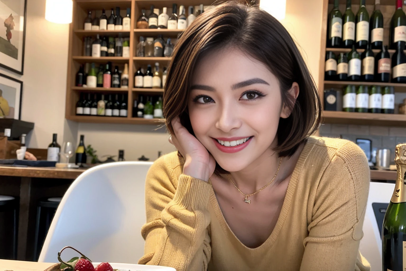 (Realistic:1.1),(masterpiece,Highest quality),8k,(55 years old), 53 years old, ベリーslimボディ、slimカップル、Tight waist,Upper Body,full-course dinner、wine 、Amazing view of the sunset sky and clouds、Perfect Anatomy, Brown Hair, short hair,Random Hairstyles,((Highly detailed face and eyes:1.2)),Perfect golden ratio face,Long sleeve shirt、dress,(smile:1.2)、Shortcuts、cute、(Realistic, Intricate details:1.2), A bright smile、short hair,Bright Face、赤wine 、Appetizers、Italian food、wine bottle、Champagne、スパークリングwine、(slimな顔), (The body is slim), (Brown Hair), (Shortcuts), Upper Body, 白wine, slim, wineグラス,